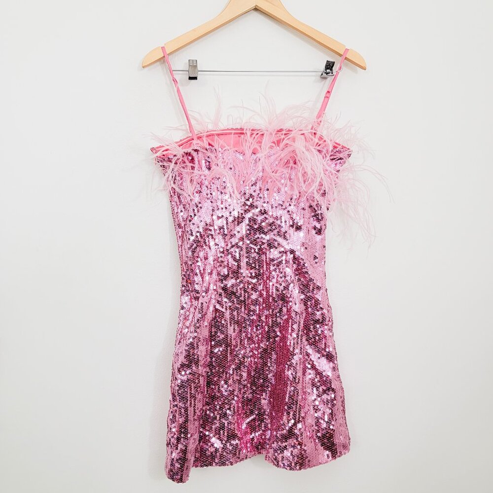 Anthropologie Audrey Adele Pink Feather Sequin Mini Dress Small - Picture 4 of 6